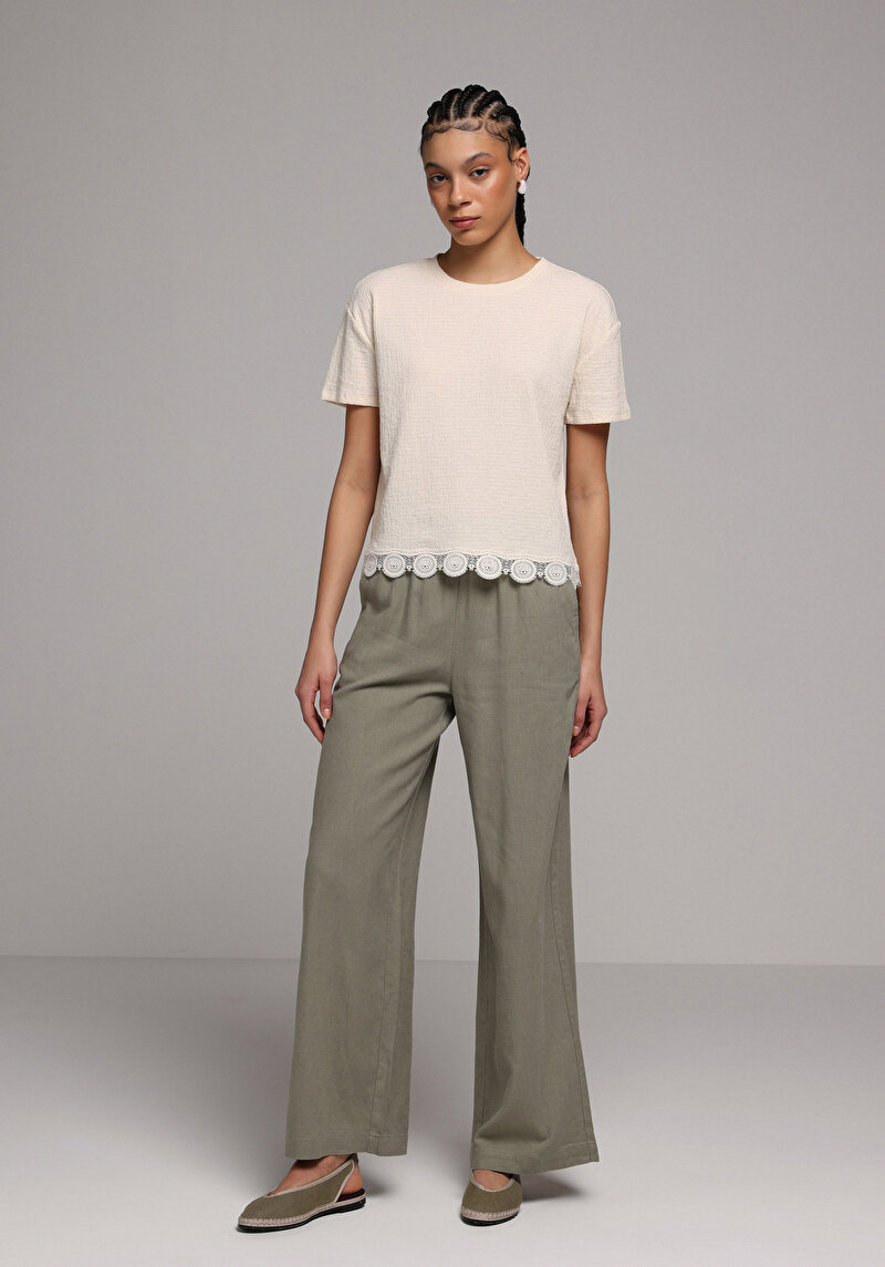 Regular Fit Yüksel Bel Geniş Paça Kadın Yeşil  Pantolon