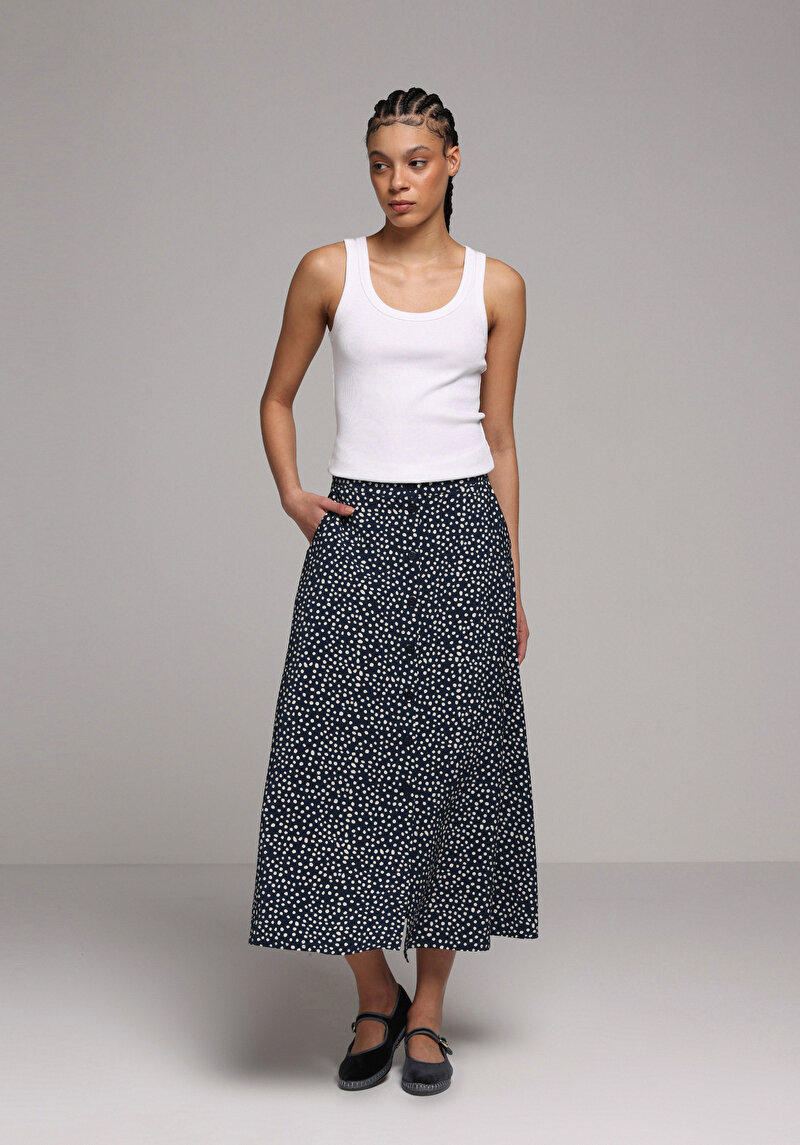 Maxi Length Metraj Baskılı Düğmeli Kadın Lacivert Etek