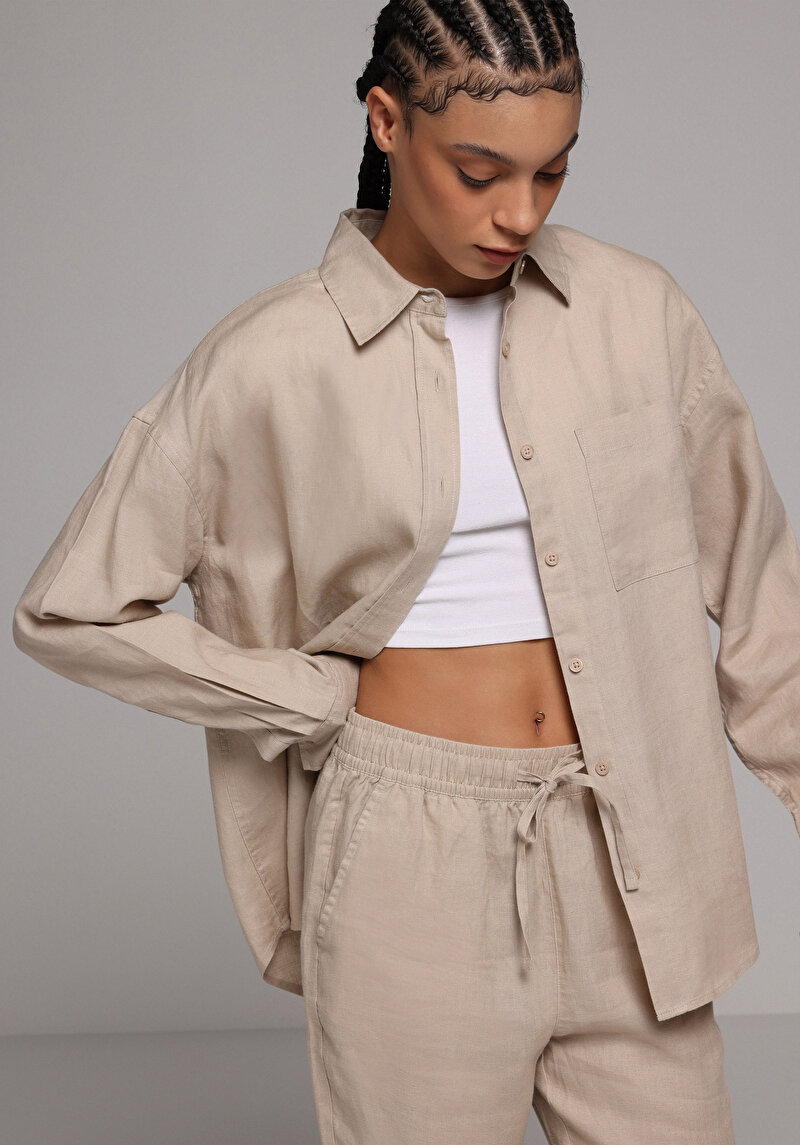 Boyfriend Fit Shirt Neck Düz Kadın Bej Uzun Kol Gömlek