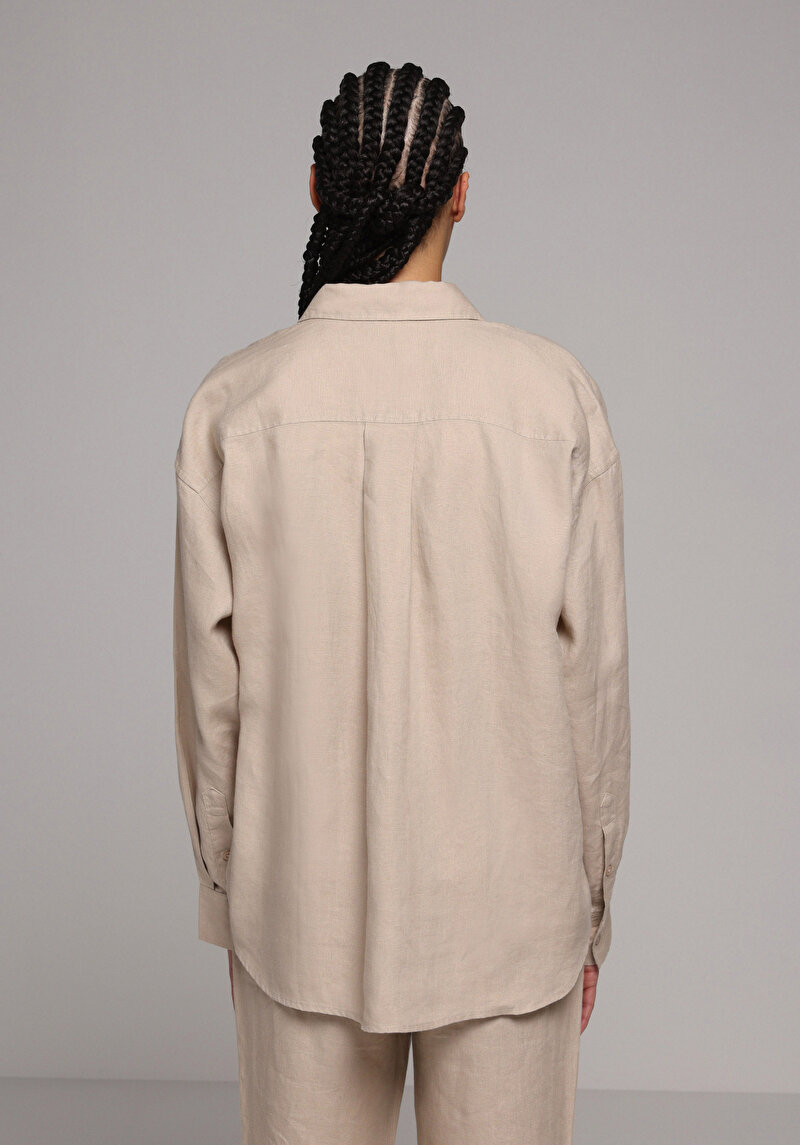 Boyfriend Fit Shirt Neck Düz Kadın Bej Uzun Kol Gömlek