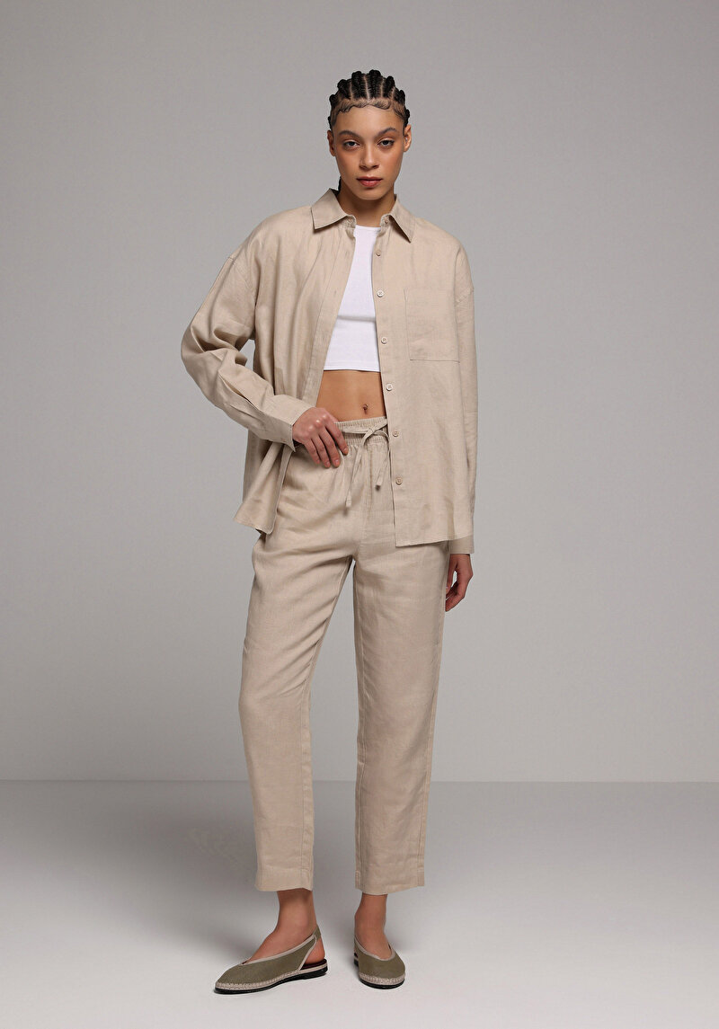 Boyfriend Fit Shirt Neck Düz Kadın Bej Uzun Kol Gömlek