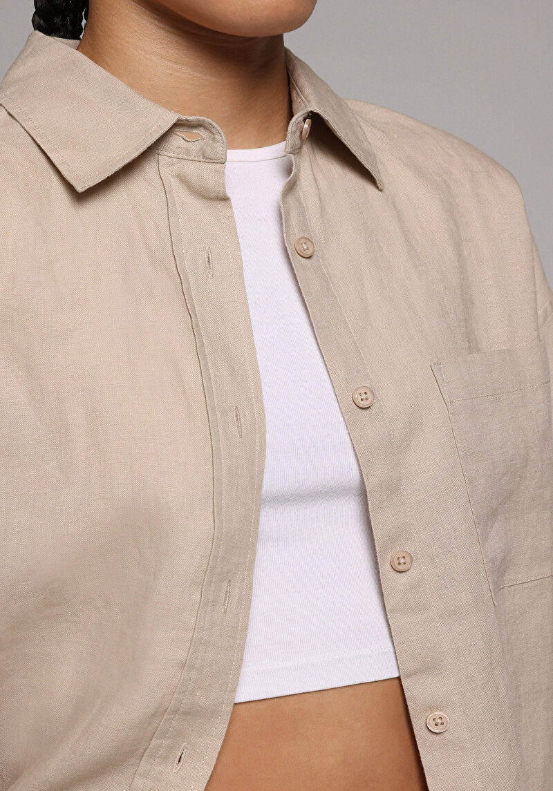 Boyfriend Fit Shirt Neck Düz Kadın Bej Uzun Kol Gömlek