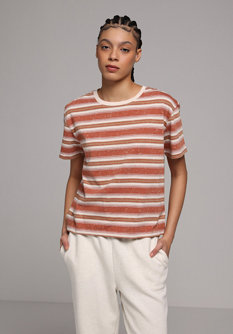 Regular Fit Yuvarlak Yaka Çizgili Kadın Kahverengi Kısa Kol Tişört
