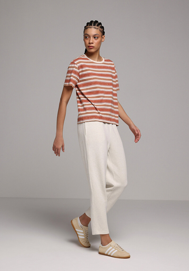 Regular Fit Yuvarlak Yaka Çizgili Kadın Kahverengi Kısa Kol Tişört
