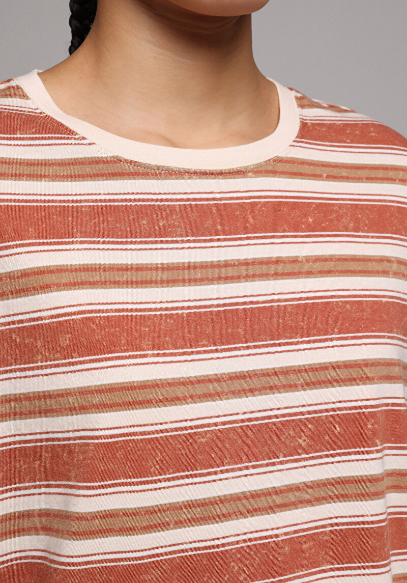Regular Fit Yuvarlak Yaka Çizgili Kadın Kahverengi Kısa Kol Tişört