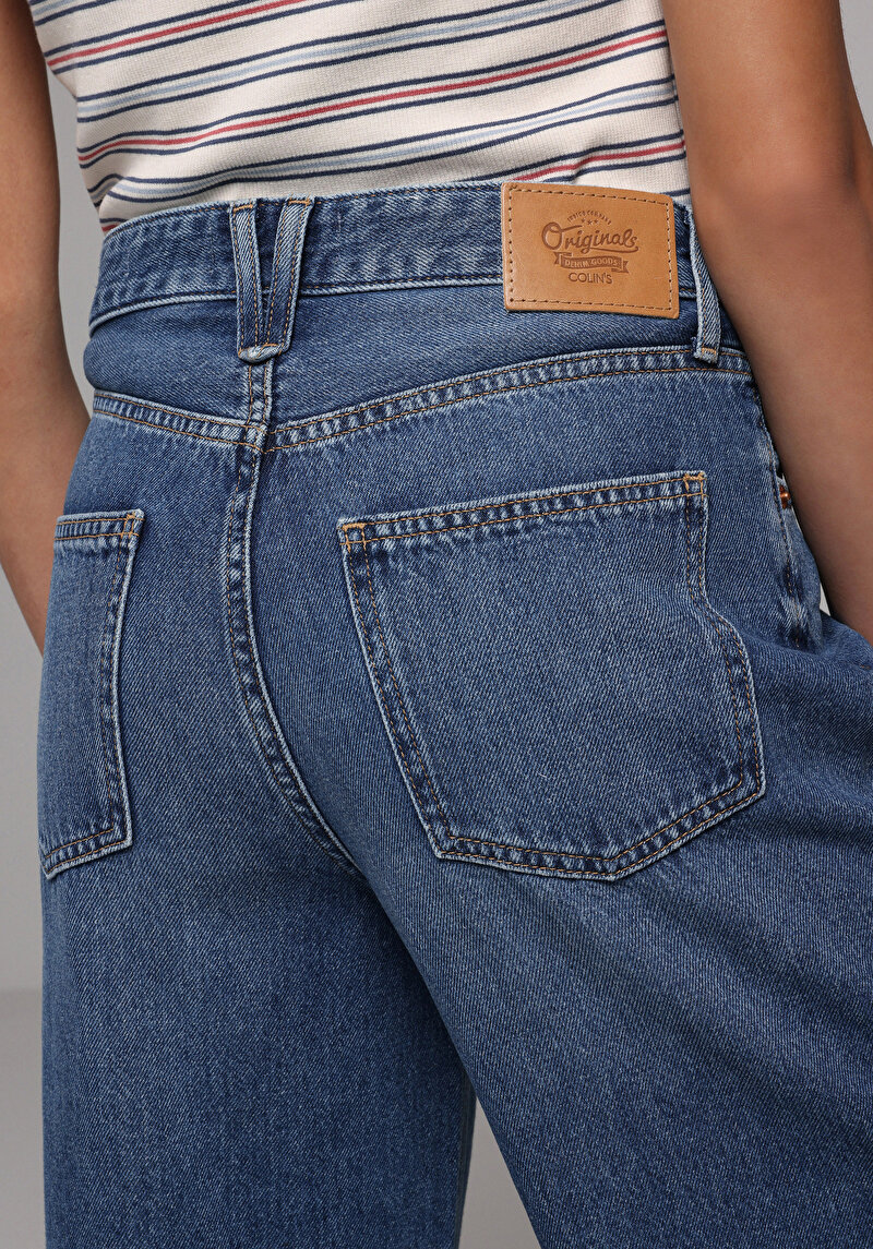 Loose Fit   Kadın Mid İndigo Denim Jean Pantolon