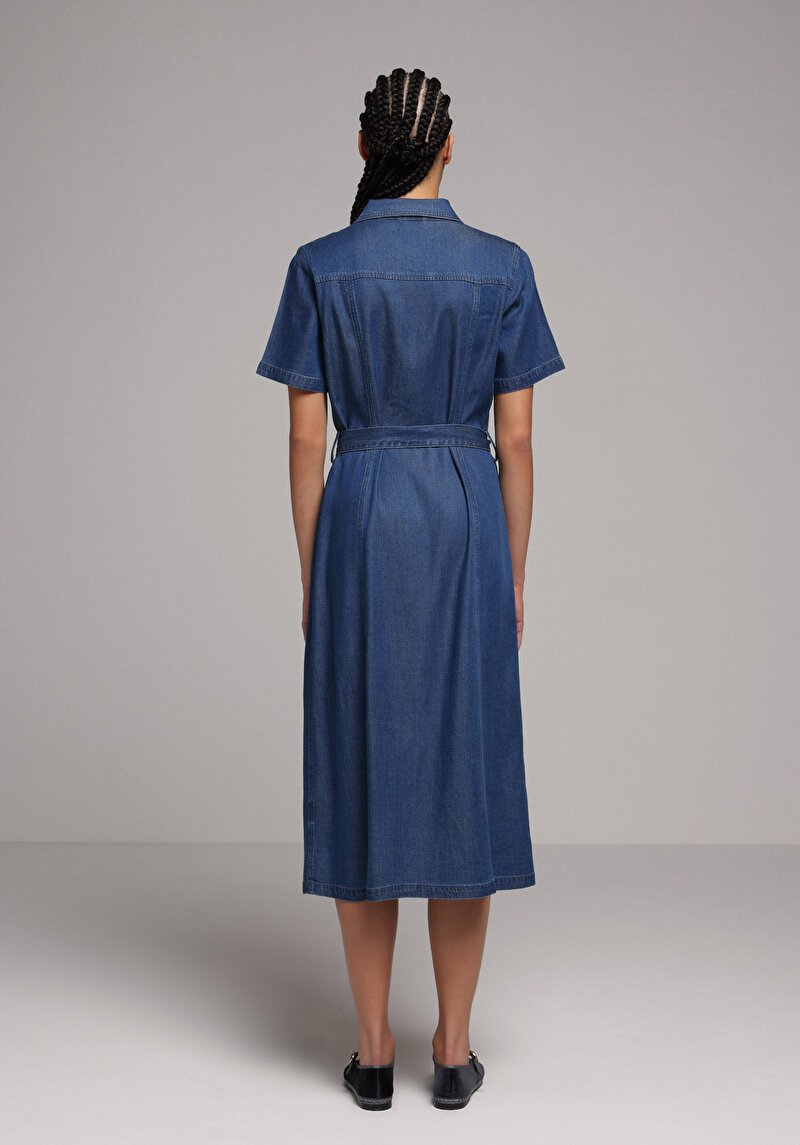 Regular Fit Düz Kadın Dark İndigo Denim Kısa Kol Elbise