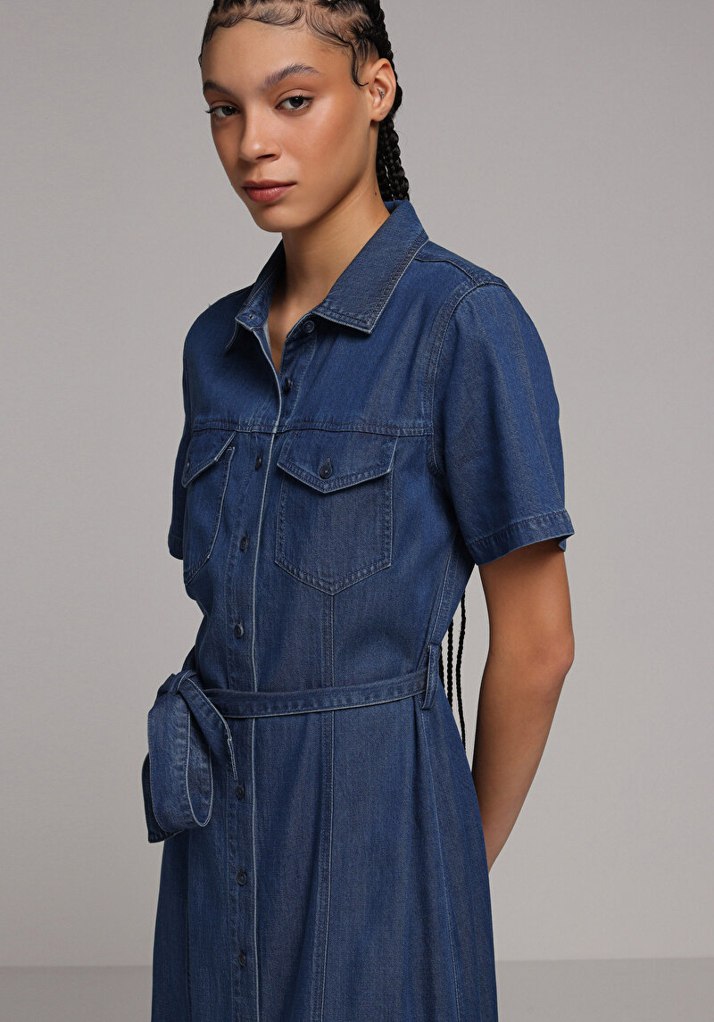 Regular Fit Düz Kadın Dark İndigo Denim Kısa Kol Elbise