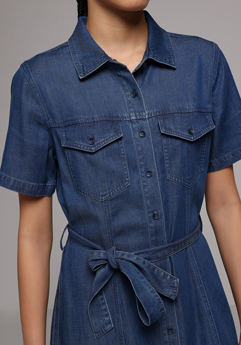 Regular Fit Düz Kadın Dark İndigo Denim Kısa Kol Elbise
