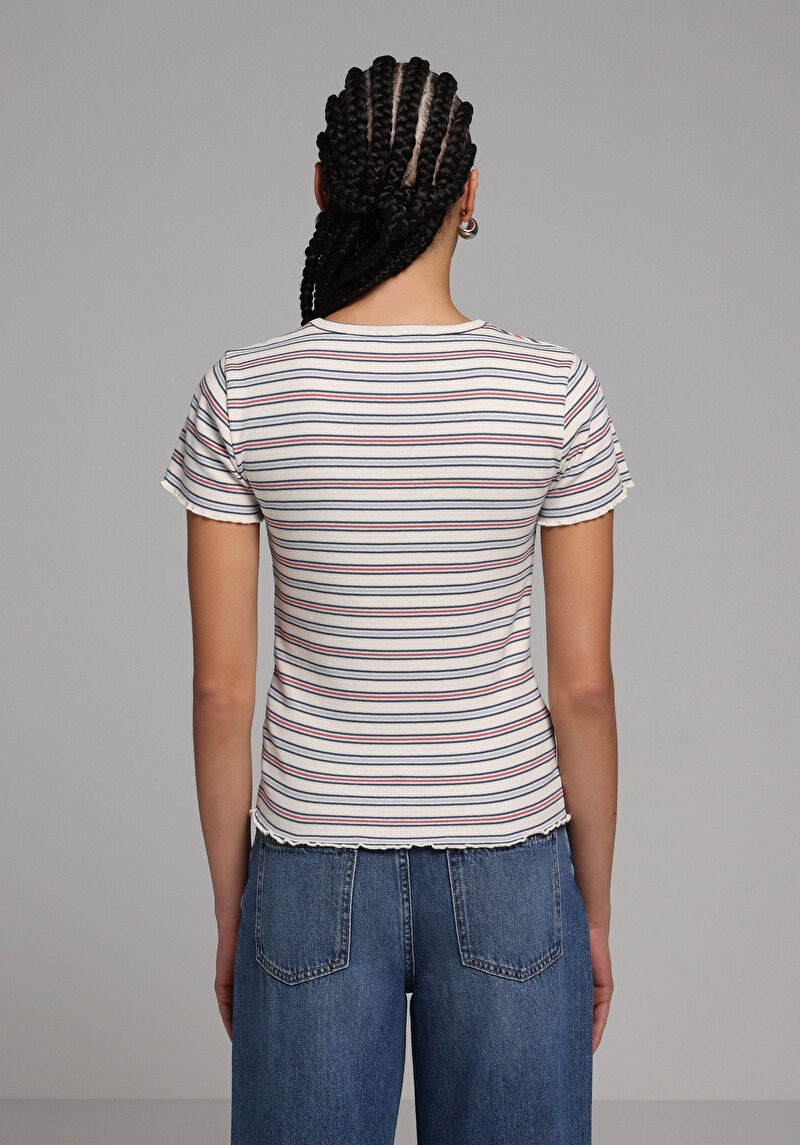 Slim Fit Yuvarlak Yaka Çizgili Kadın Çok Renkli Kısa Kol Tişört
