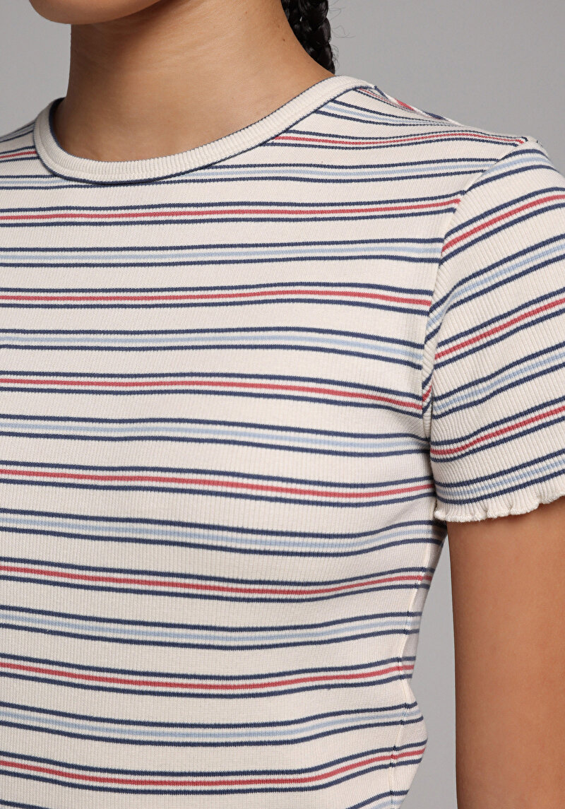 Slim Fit Yuvarlak Yaka Çizgili Kadın Çok Renkli Kısa Kol Tişört