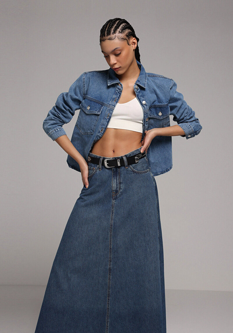 Regular Fit   Kadın Mid İndigo Denim Shacket