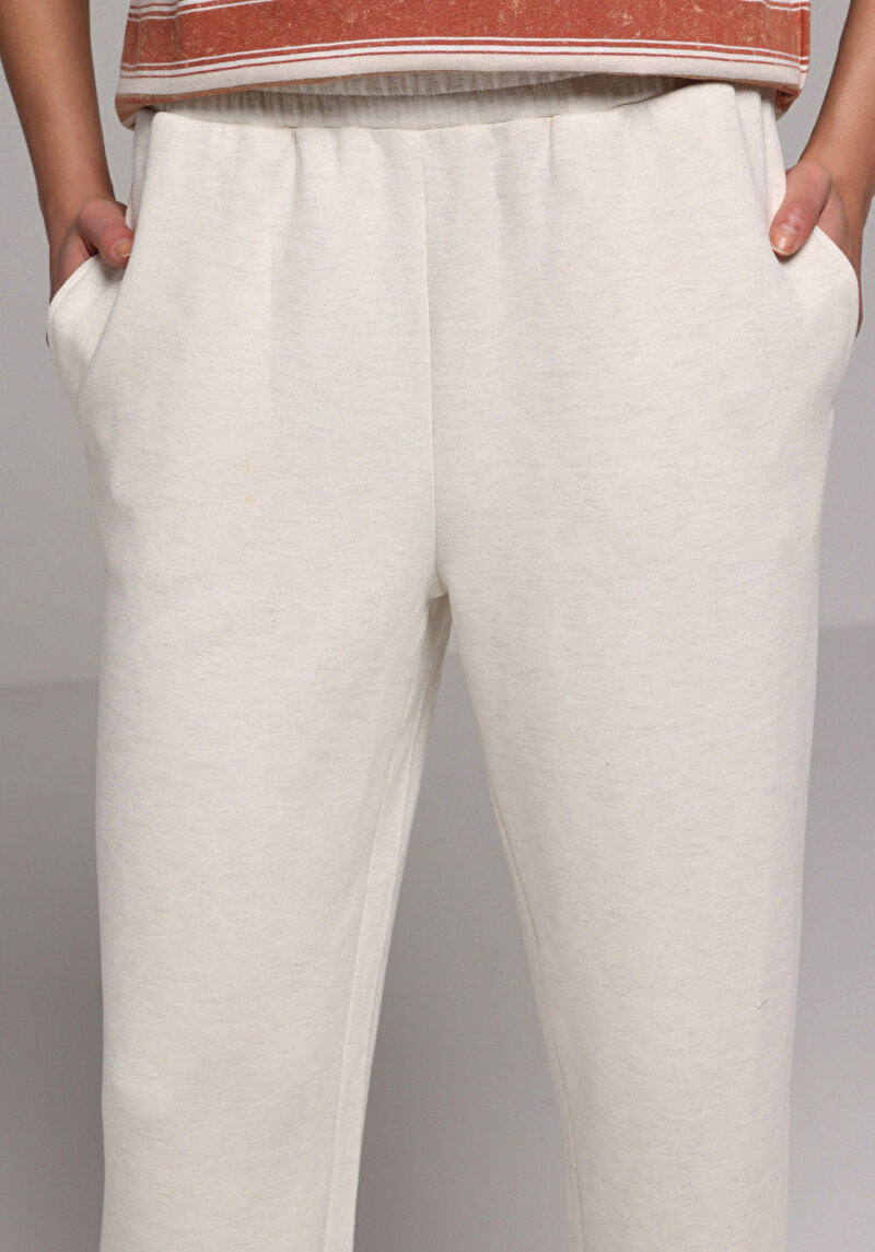 Regular Fit Orta Bel Düz Kadın Ekru Eşofman Altı