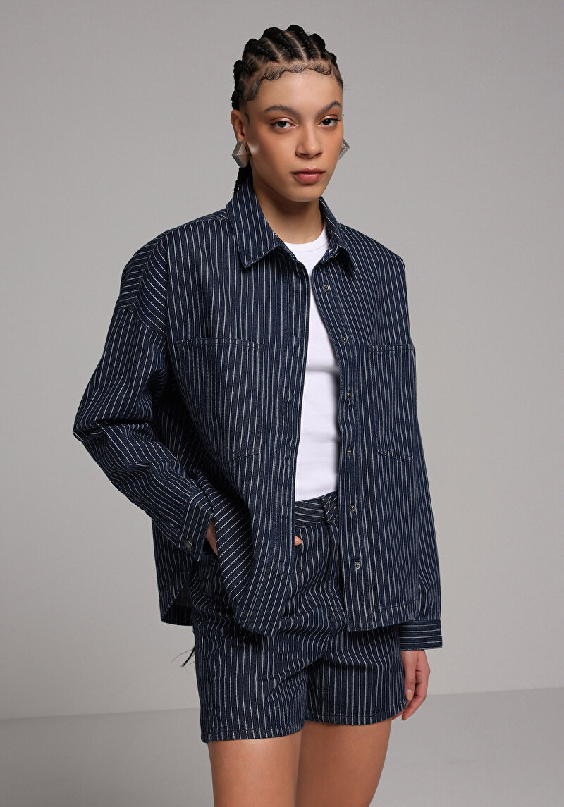 Oversize Fit   Kadın Stripe Denim Shacket