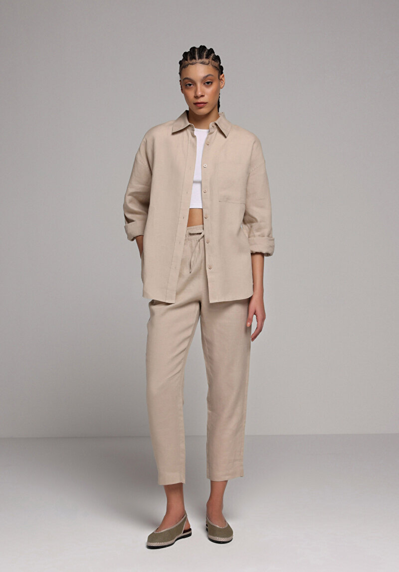 Regular Fit Yüksel Bel Düz Paça Kadın Bej  Pantolon