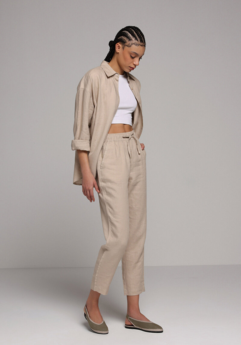 Regular Fit Yüksel Bel Düz Paça Kadın Bej Pantolon