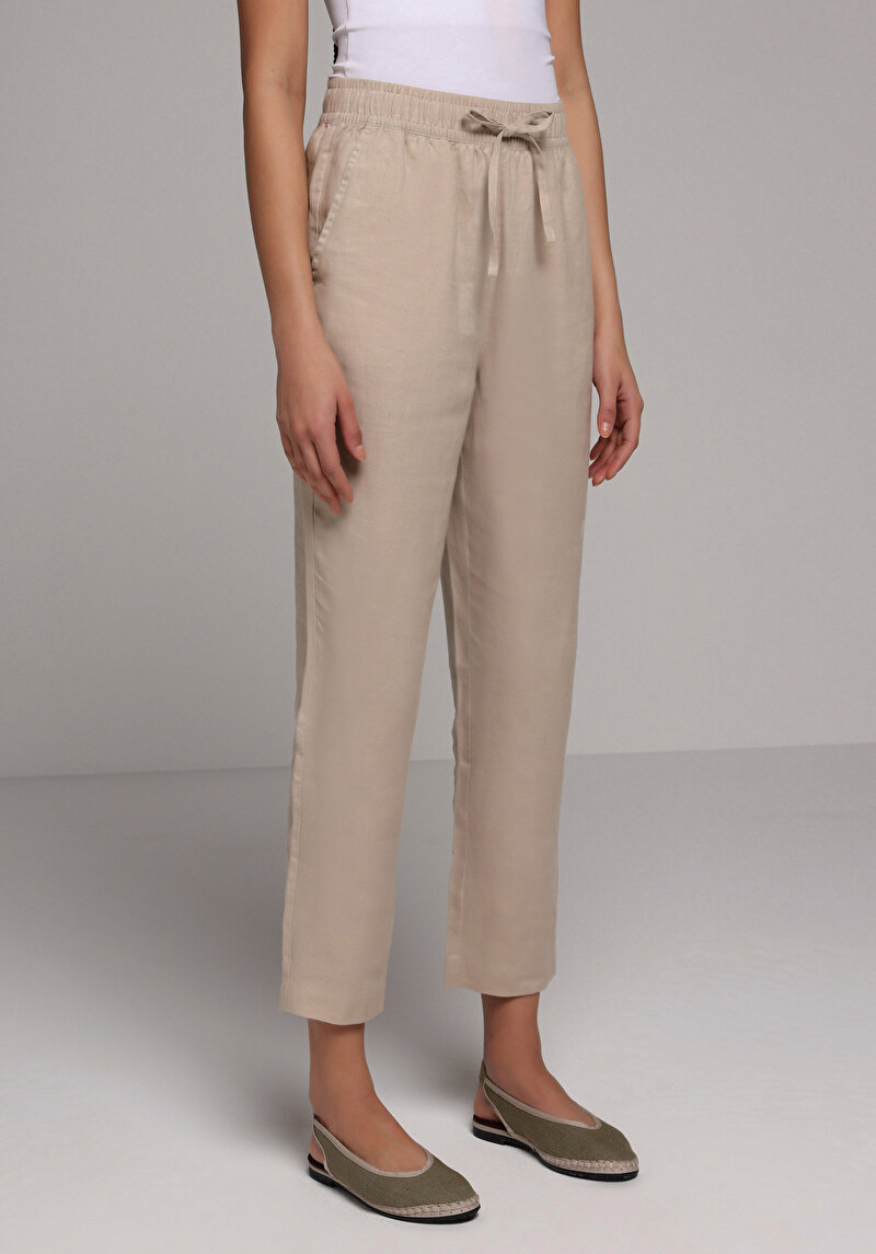 Regular Fit Yüksel Bel Düz Paça Kadın Bej Pantolon
