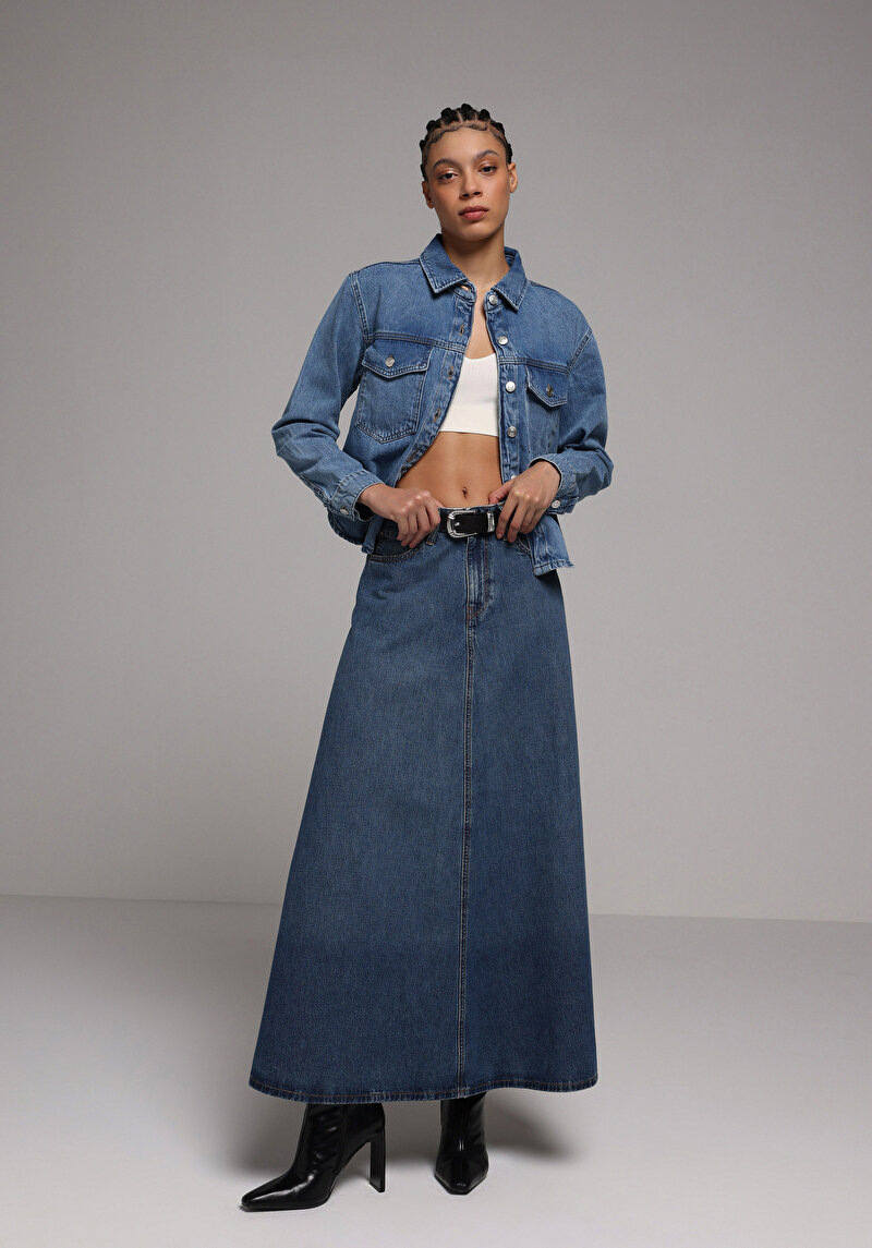 Regular Fit Düz Fermuarlı Kadın Mid İndigo Denim Etek