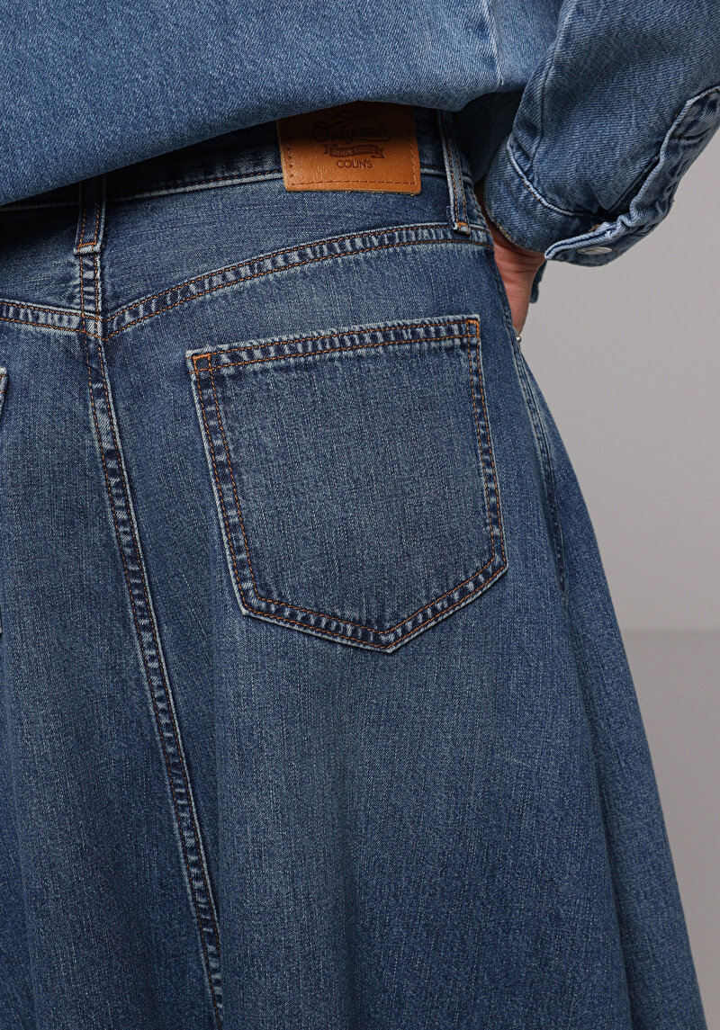 Regular Fit Düz Fermuarlı Kadın Mid İndigo Denim Etek