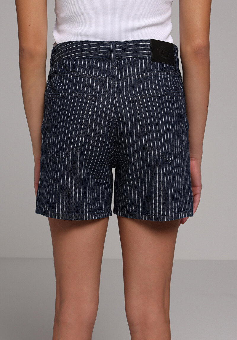 Regular Fit Orta Bel Çizgili Kadın Stripe Denim Jean Şort