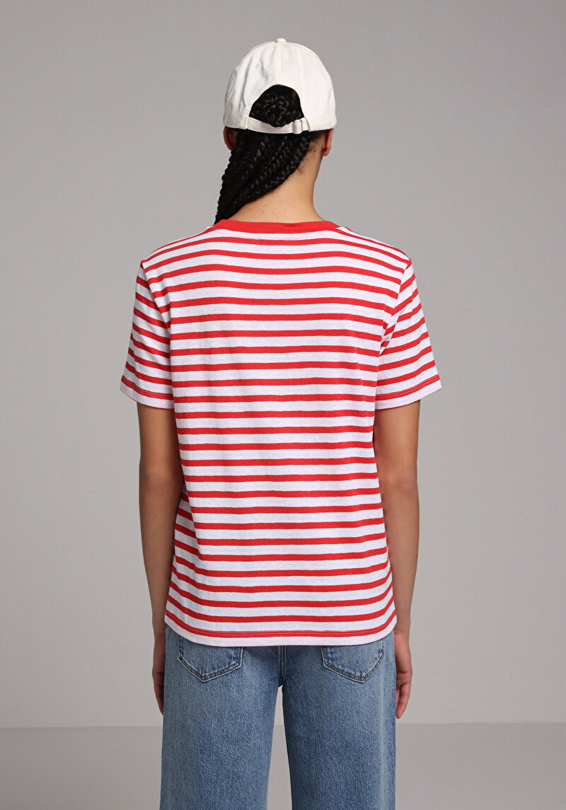 Regular Fit Yuvarlak Yaka Çizgili Kadın Kirmizi Kısa Kol Tişört
