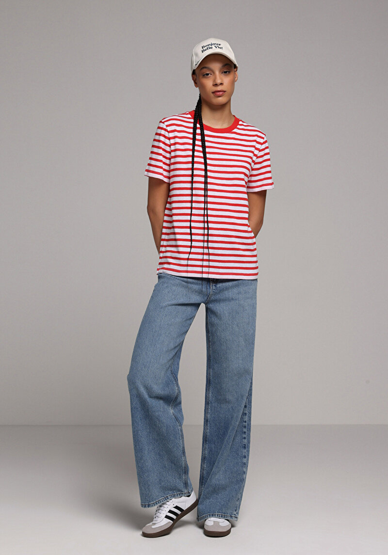 Regular Fit Yuvarlak Yaka Çizgili Kadın Kirmizi Kısa Kol Tişört