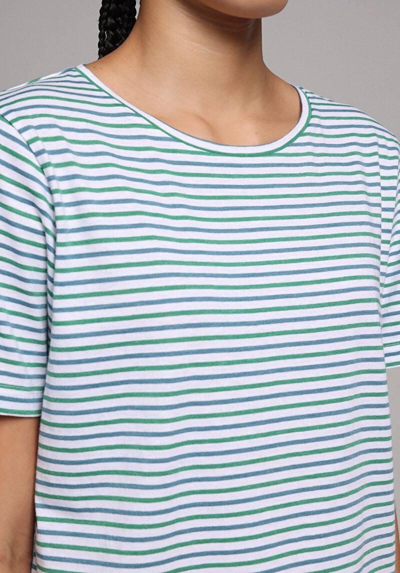 Regular Fit Yuvarlak Yaka Çizgili Kadın Yeşil Kısa Kol Tişört