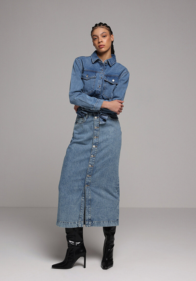 Slim Fit Düz Düğmeli Kadın Mid İndigo Denim Etek