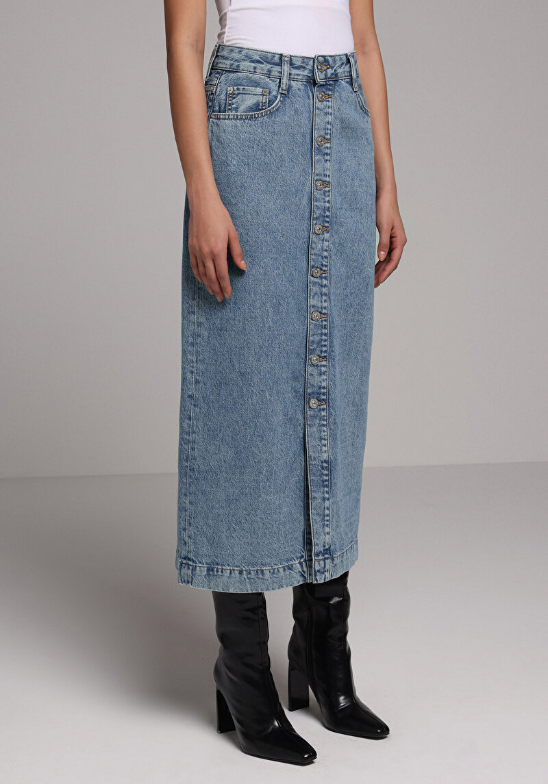 Slim Fit Düz Düğmeli Kadın Mid İndigo Denim Etek