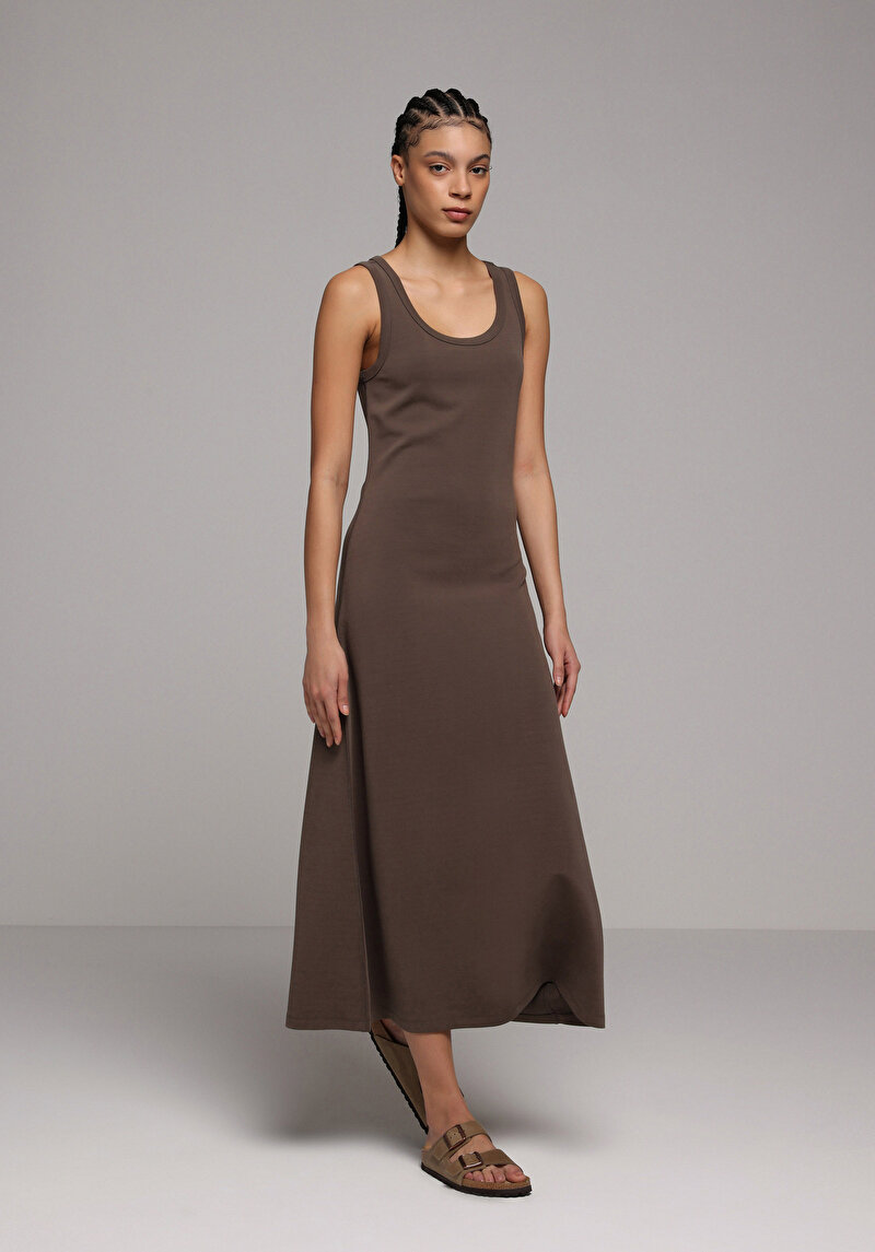 Regular Fit Düz Kadın Kahverengi Kolsuz Elbise