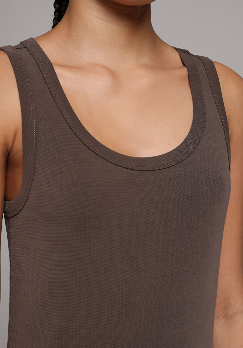 Regular Fit Düz Kadın Kahverengi Kolsuz Elbise