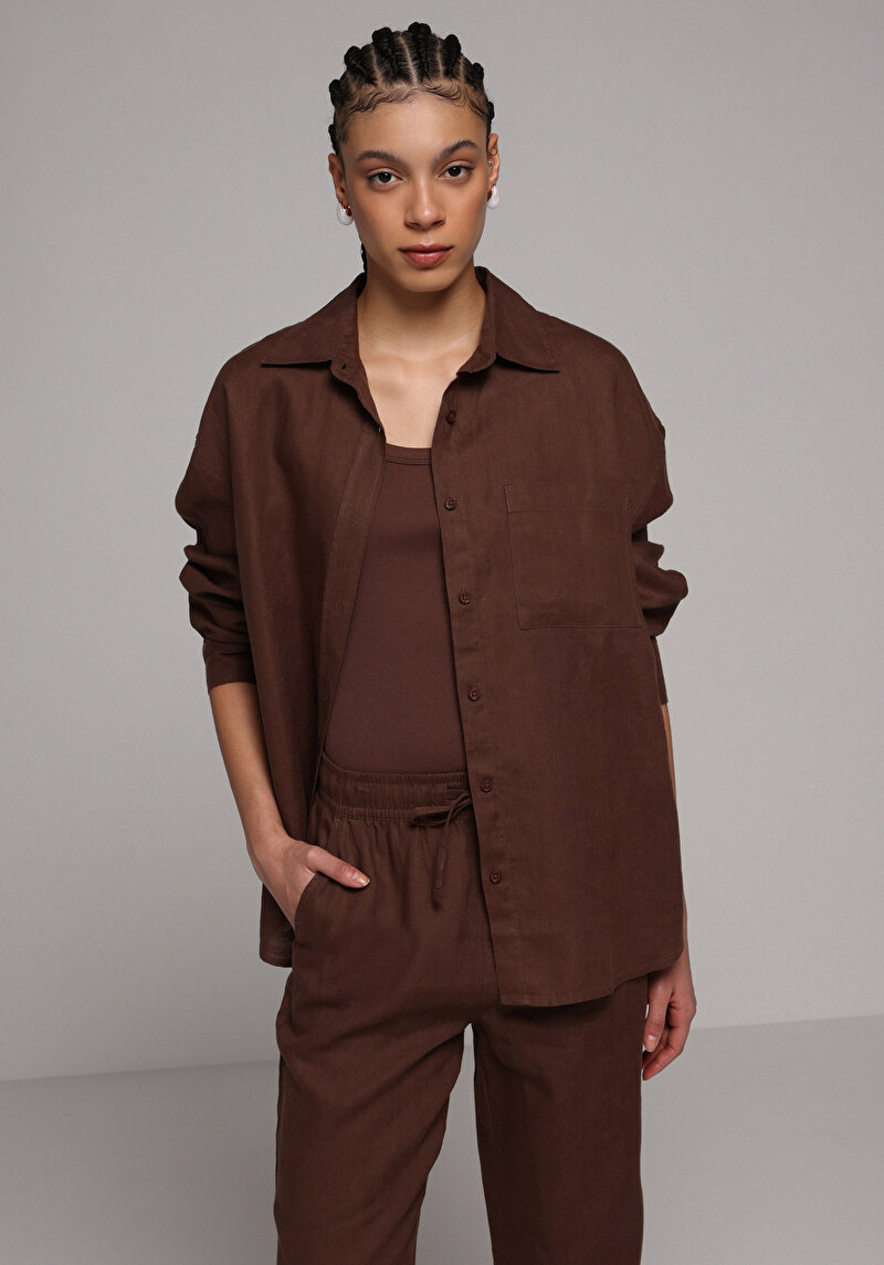 Boyfriend Fit Shirt Neck Düz Kadın Kahverengi Uzun Kol Gömlek