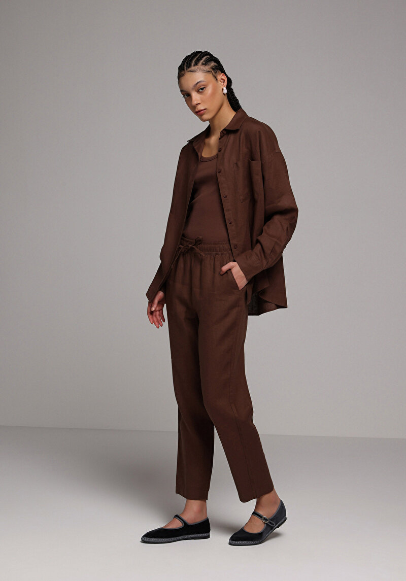 Boyfriend Fit Shirt Neck Düz Kadın Kahverengi Uzun Kol Gömlek