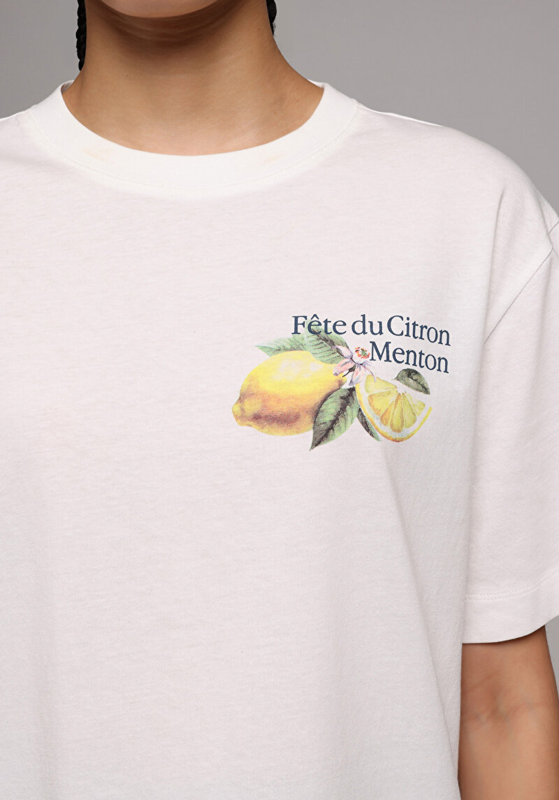 Regular Fit Yuvarlak Yaka Baskılı Kadın Beyaz Kısa Kol Tişört