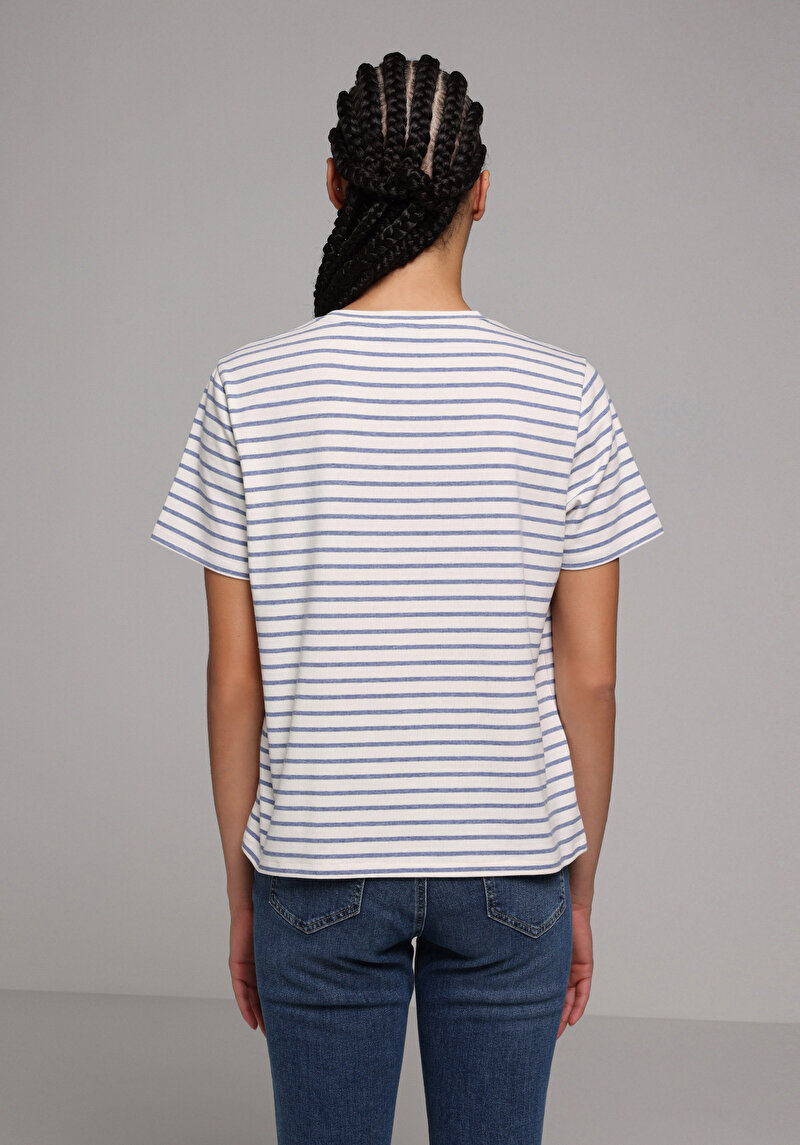 Regular Fit Yuvarlak Yaka Çizgili Kadın Mavi Kısa Kol Tişört