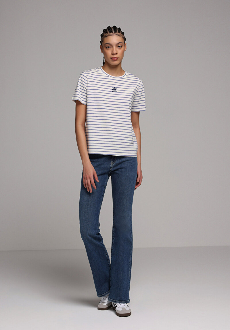 Regular Fit Yuvarlak Yaka Çizgili Kadın Mavi Kısa Kol Tişört