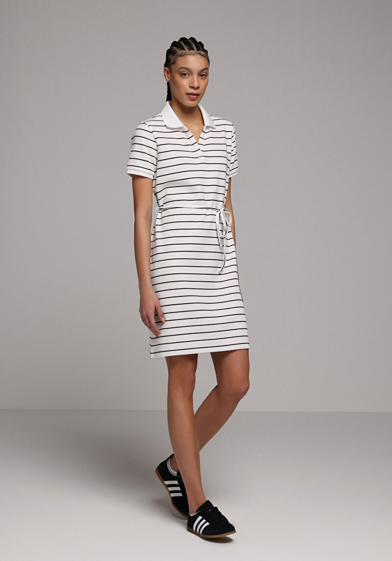Regular Fit Çizgili Kadın Siyah Kısa Kol Elbise
