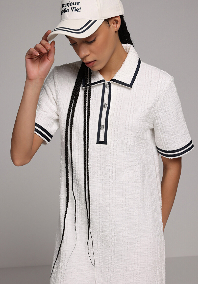 Regular Fit Jakarlı Kadın Beyaz Kısa Kol Elbise