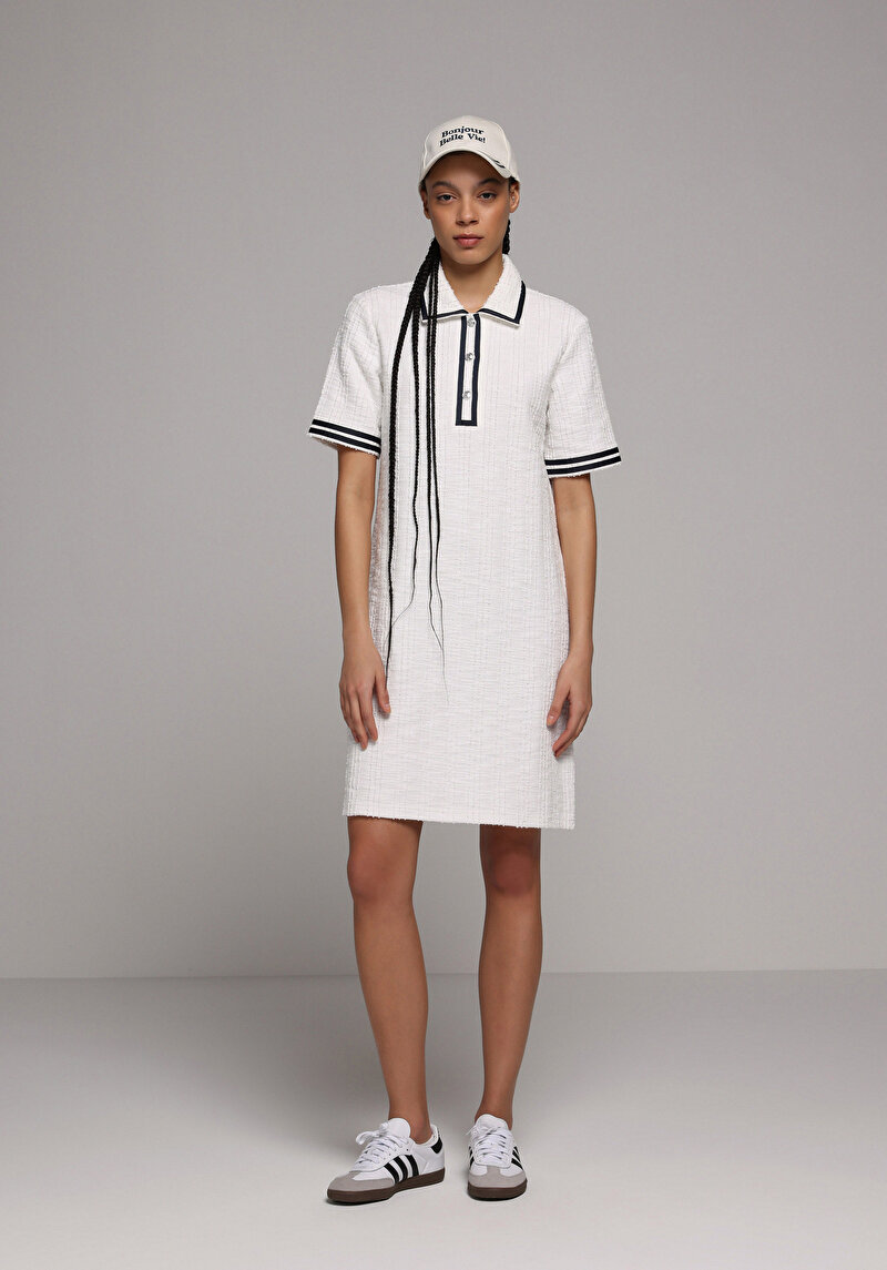 Regular Fit Jakarlı Kadın Beyaz Kısa Kol Elbise