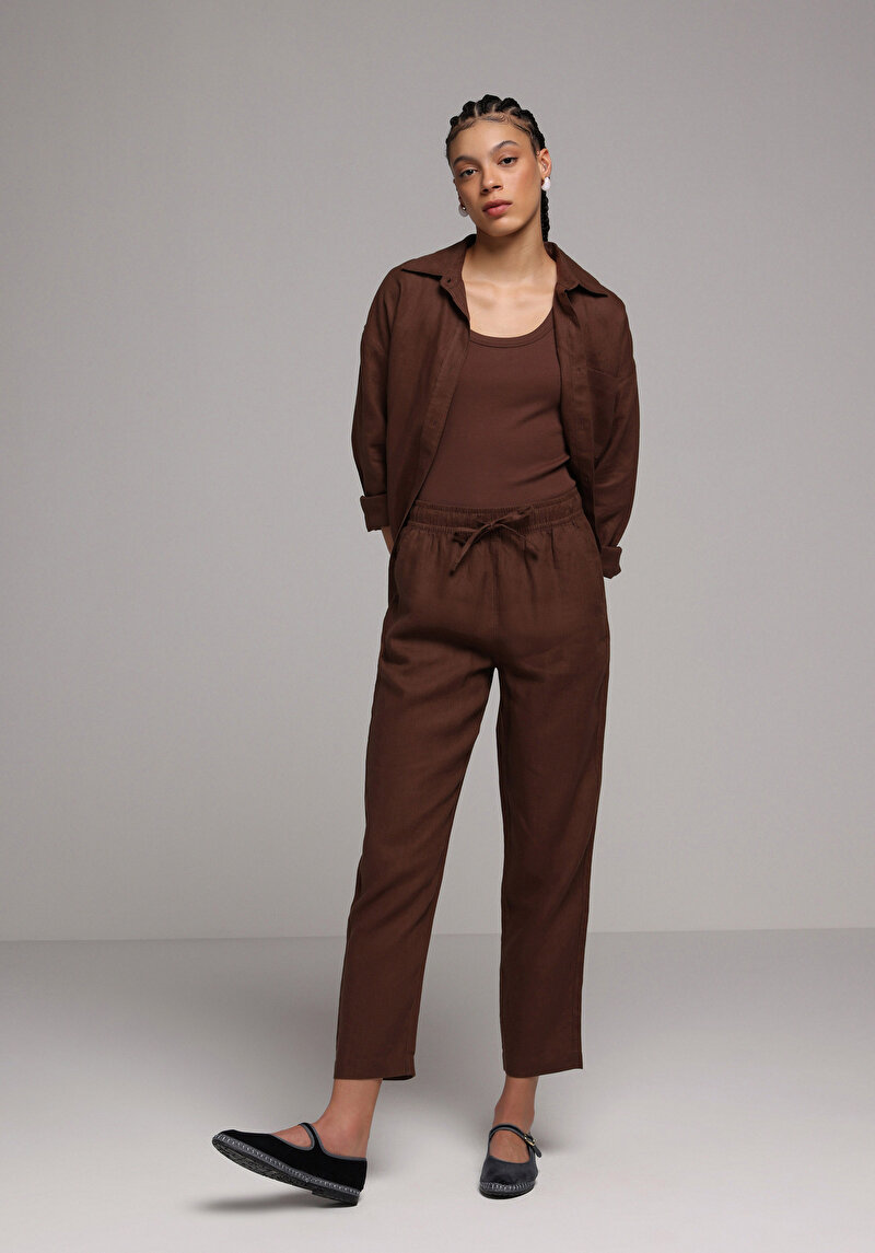 Regular Fit Yüksel Bel Düz Paça Kadın Kahverengi  Pantolon