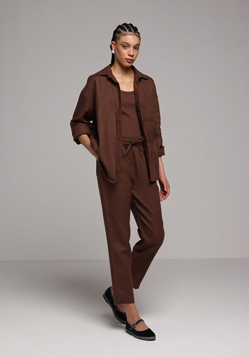 Regular Fit Yüksel Bel Düz Paça Kadın Kahverengi  Pantolon