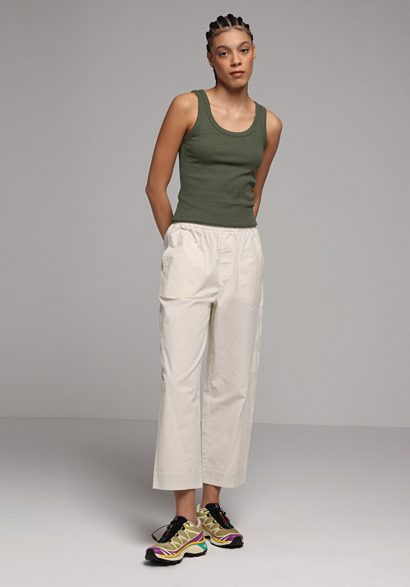 Regular Fit Yüksel Bel Geniş Paça Kadın Ekru Pantolon