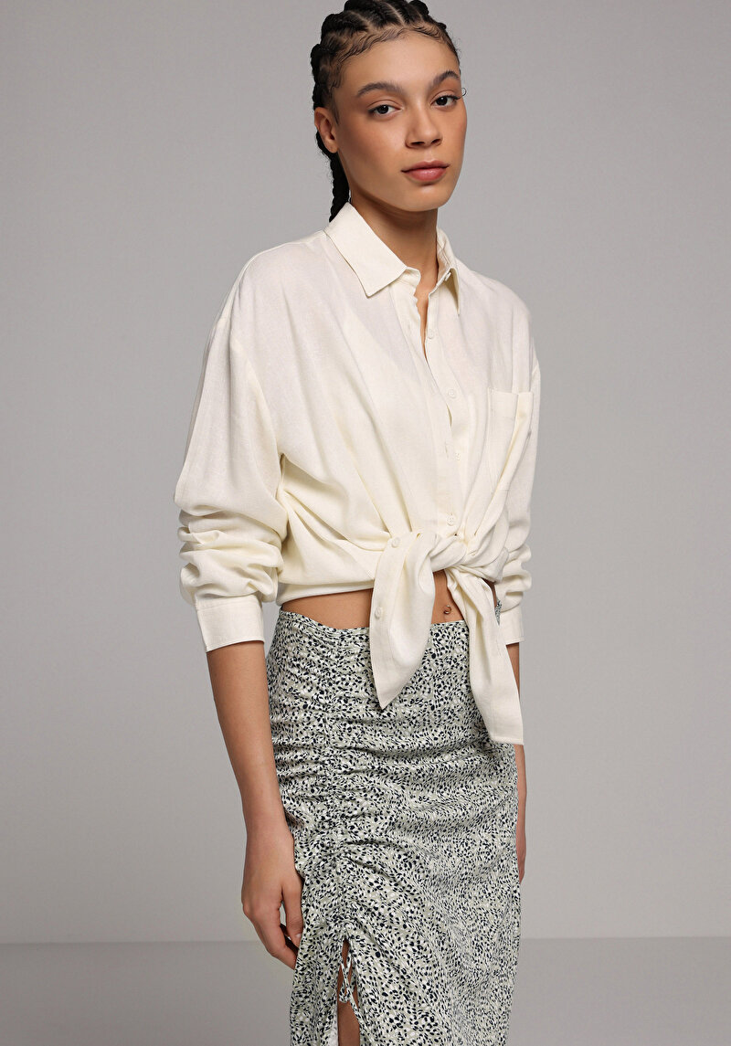 Boyfriend Fit Shirt Neck Düz Kadın Sari Uzun Kol Gömlek