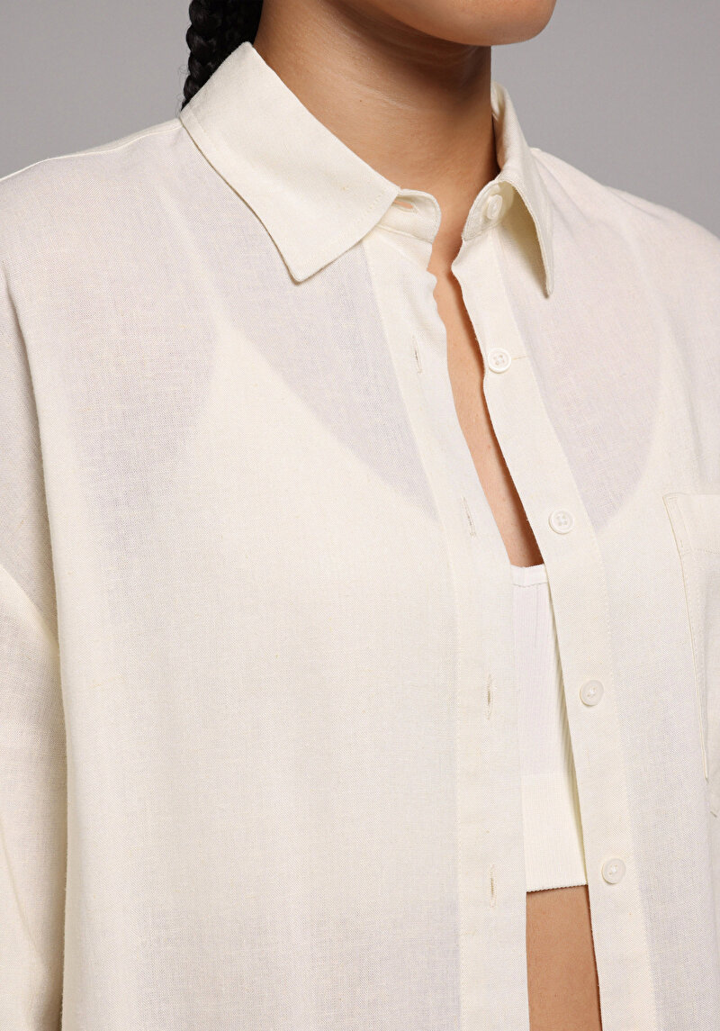 Boyfriend Fit Shirt Neck Düz Kadın Sari Uzun Kol Gömlek