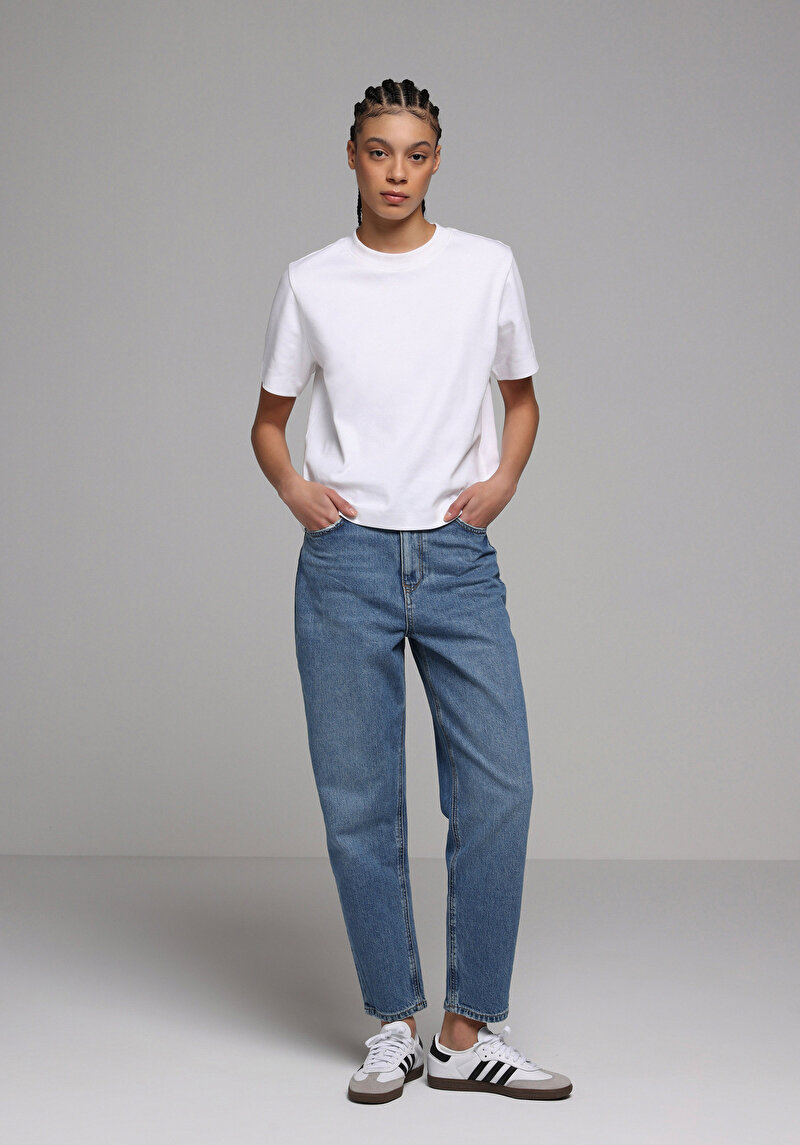 Mom Fit   Kadın Mid İndigo Denim Jean Pantolon