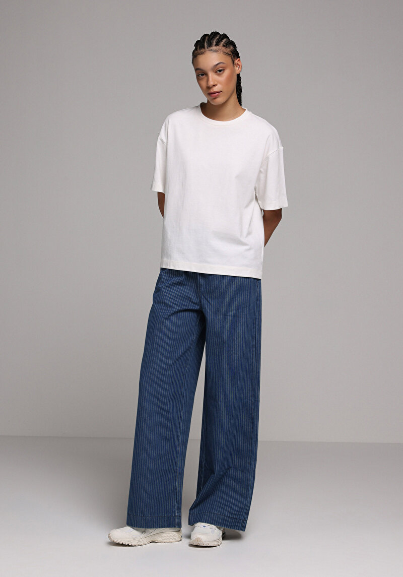 Loose Fit   Kadın Stripe Denim Jean Pantolon