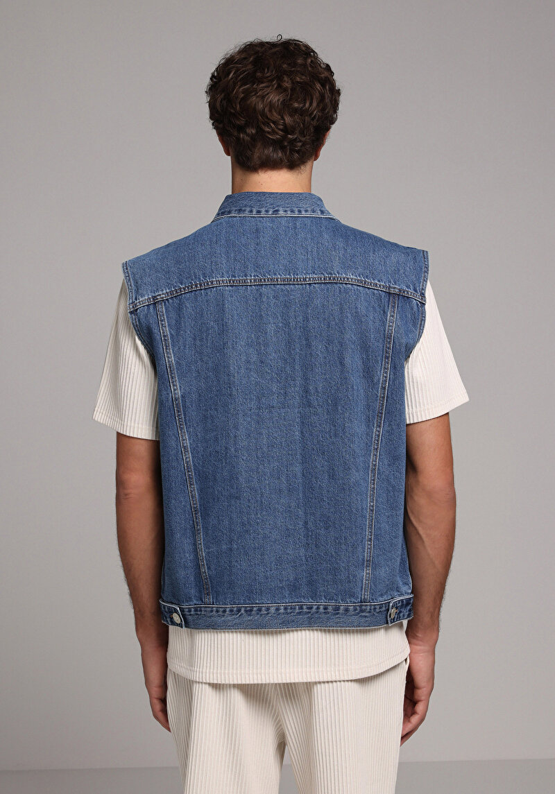 Oversize Fit Klasik Yaka Düğmeli Astarsız  Erkek Mid İndigo Denim Yelek