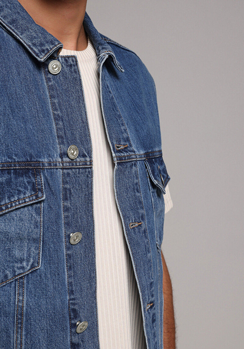 Oversize Fit Klasik Yaka Düğmeli Astarsız  Erkek Mid İndigo Denim Yelek