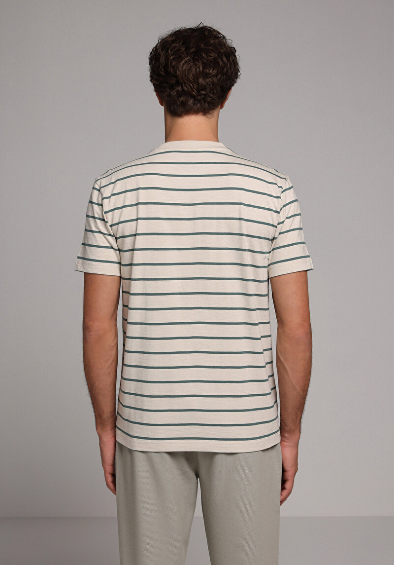 Regular Fit Yuvarlak Yaka Çizgili Erkek Bej Kısa Kol Tişört