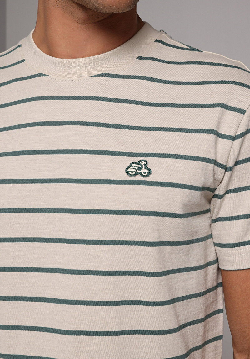 Regular Fit Yuvarlak Yaka Çizgili Erkek Bej Kısa Kol Tişört